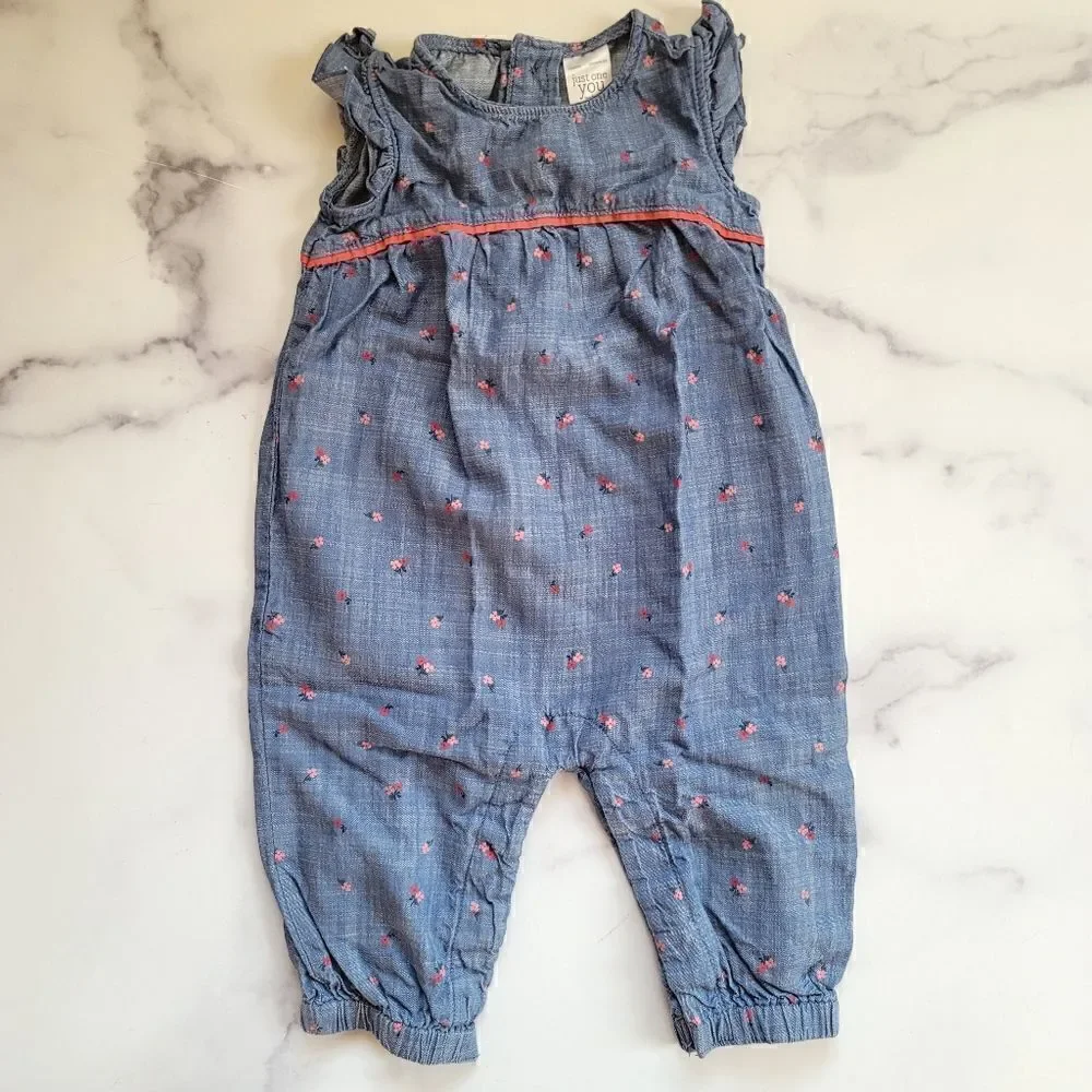 Romper Carters 6 month 100% cotton pant floral denim chambray blue